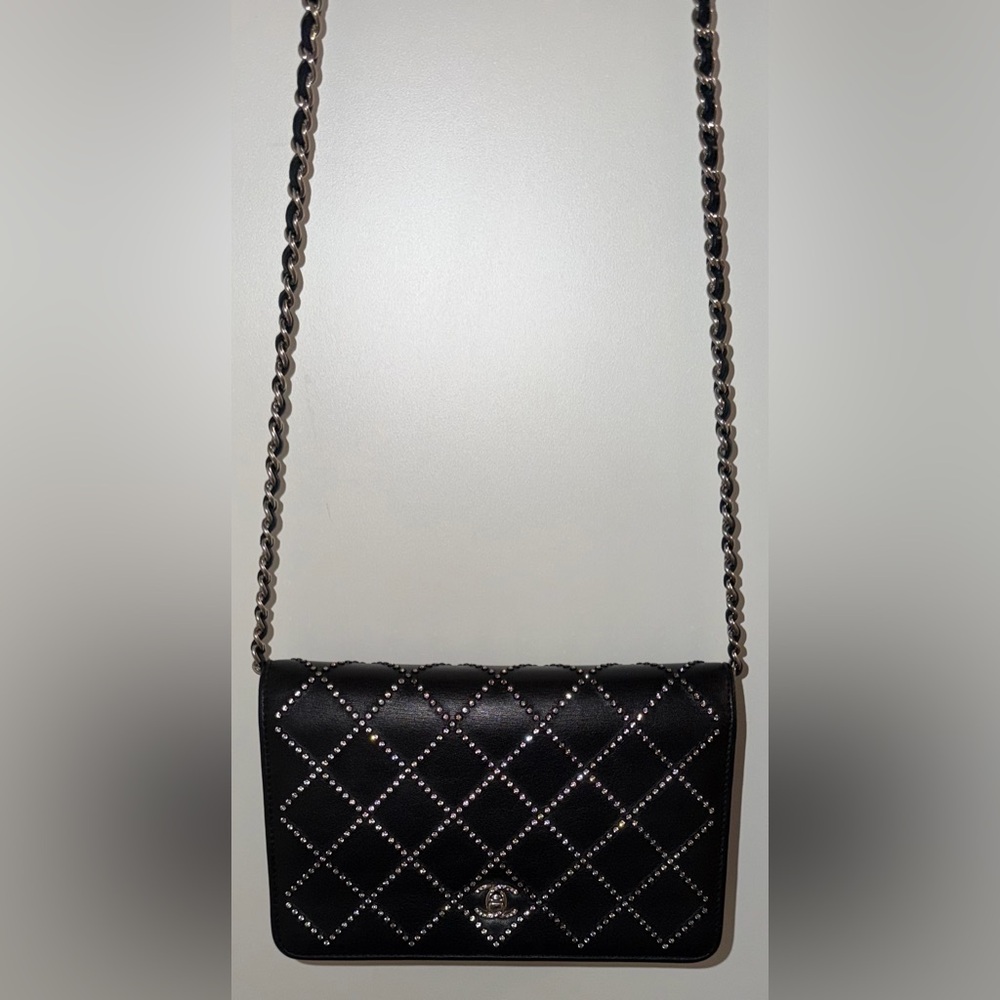 Chanel black Swarovski crystal woc wallet on a chain mini flap classic cc RARE